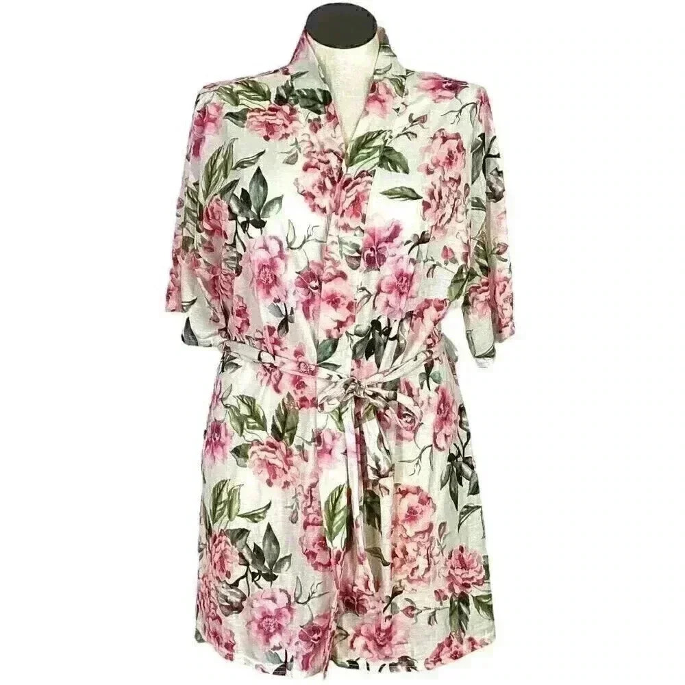 Show Me Your Brie Mumu Womens One Size Garden Of Blooms Tie Robe White Pink